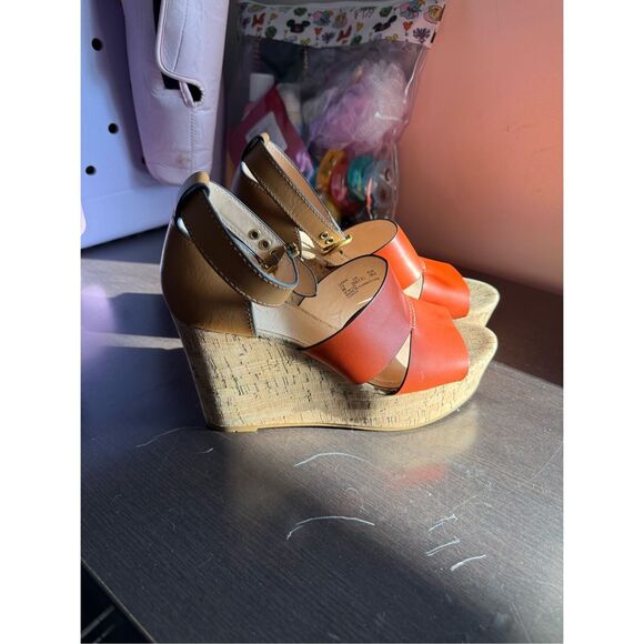 Coach Isla Orange & Tan Leather Cork Platform Wedge Sandals sz 9 NWOT - Picture 2 of 9